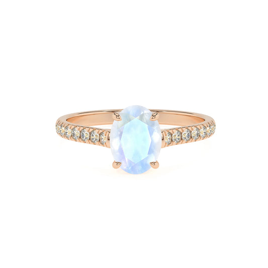 natural rainbow-moonstone oval half eternity solitaire engagement rings in rose gold 