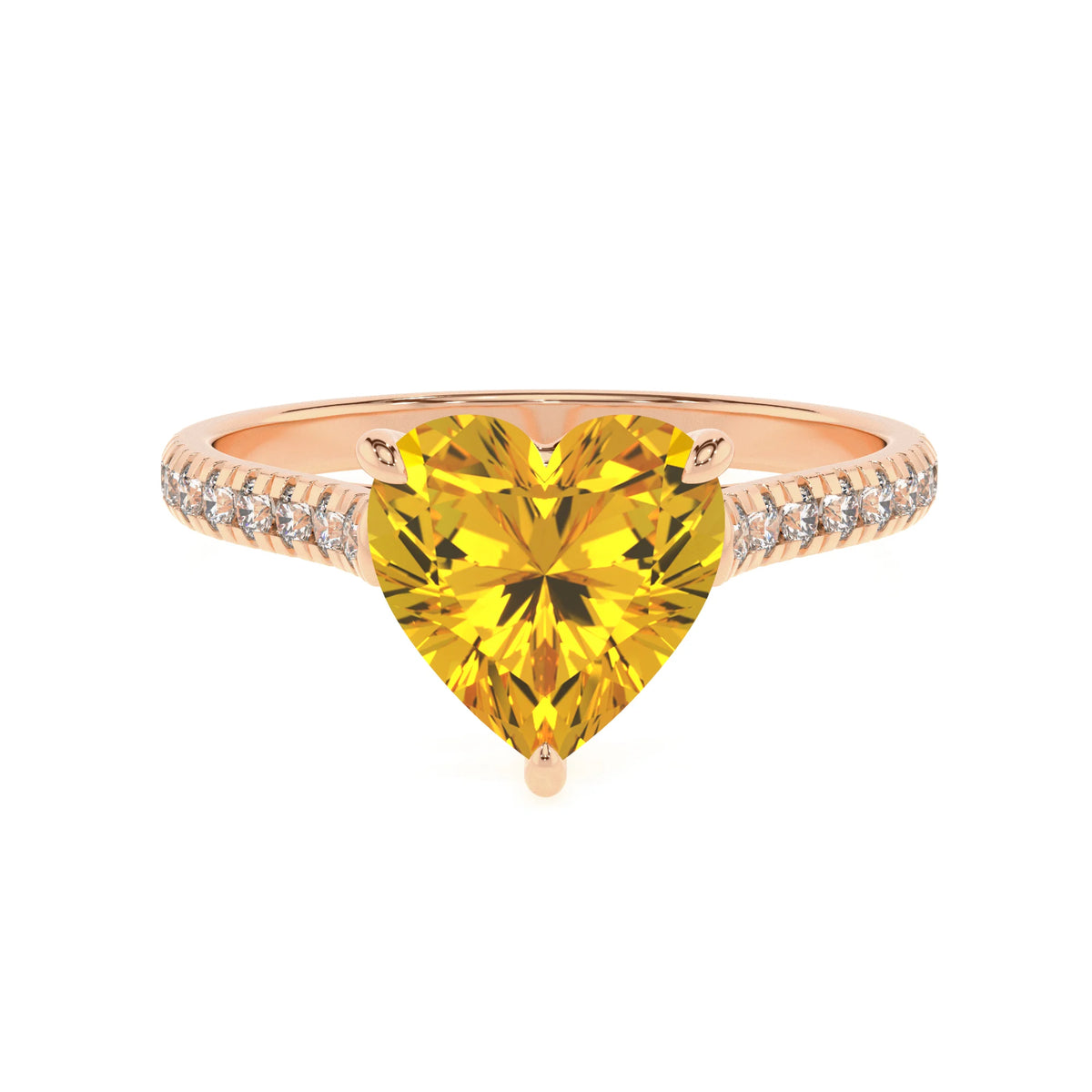 lab grown yellow-sapphire heart half eternity solitaire engagement rings in rose gold 