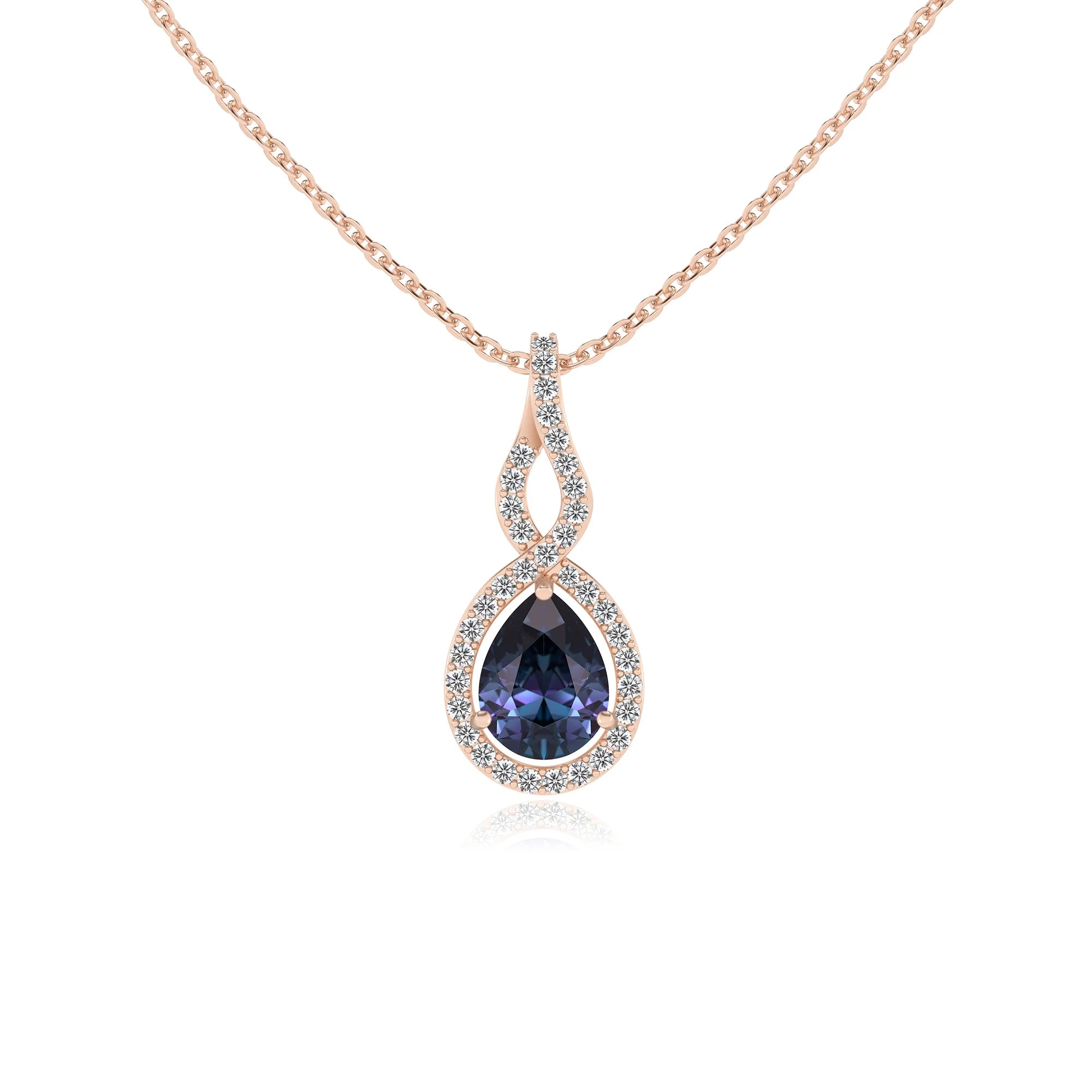 lab grown alexandrite pear necklaces in rose gold 