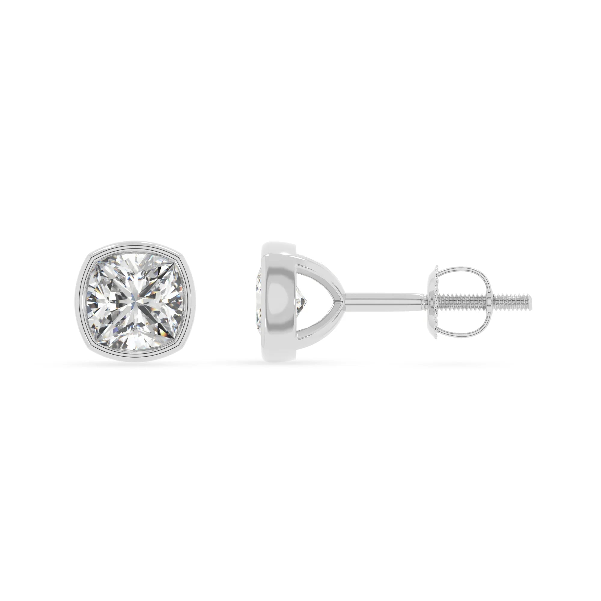 lab grown moissanite cushion stud earrings in white gold 