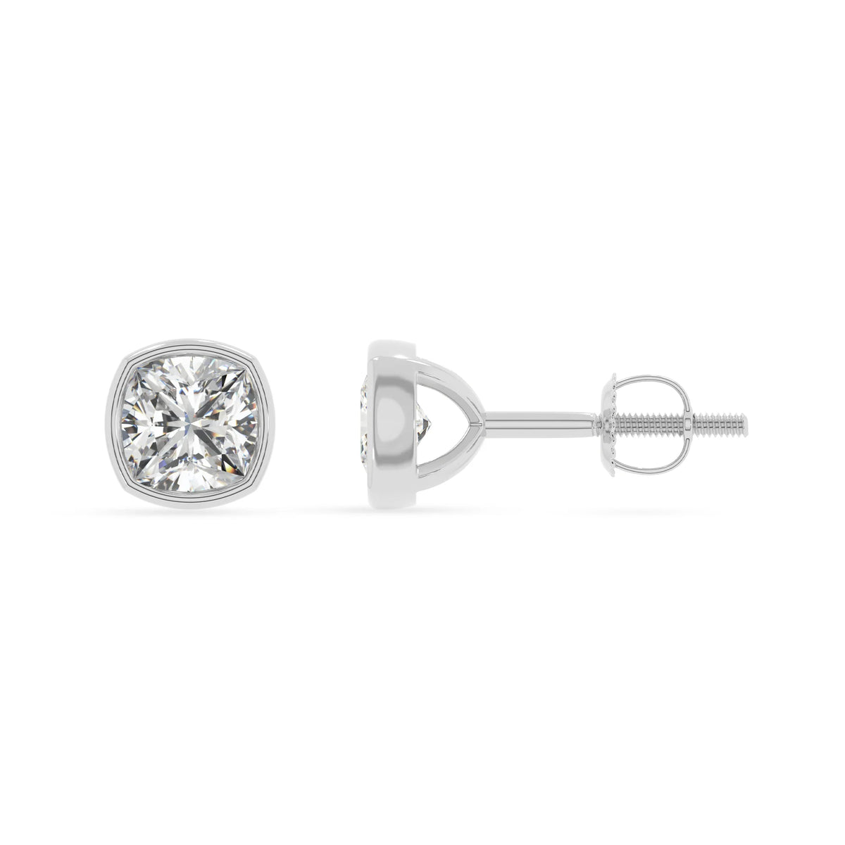 lab grown moissanite cushion stud earrings in white gold 