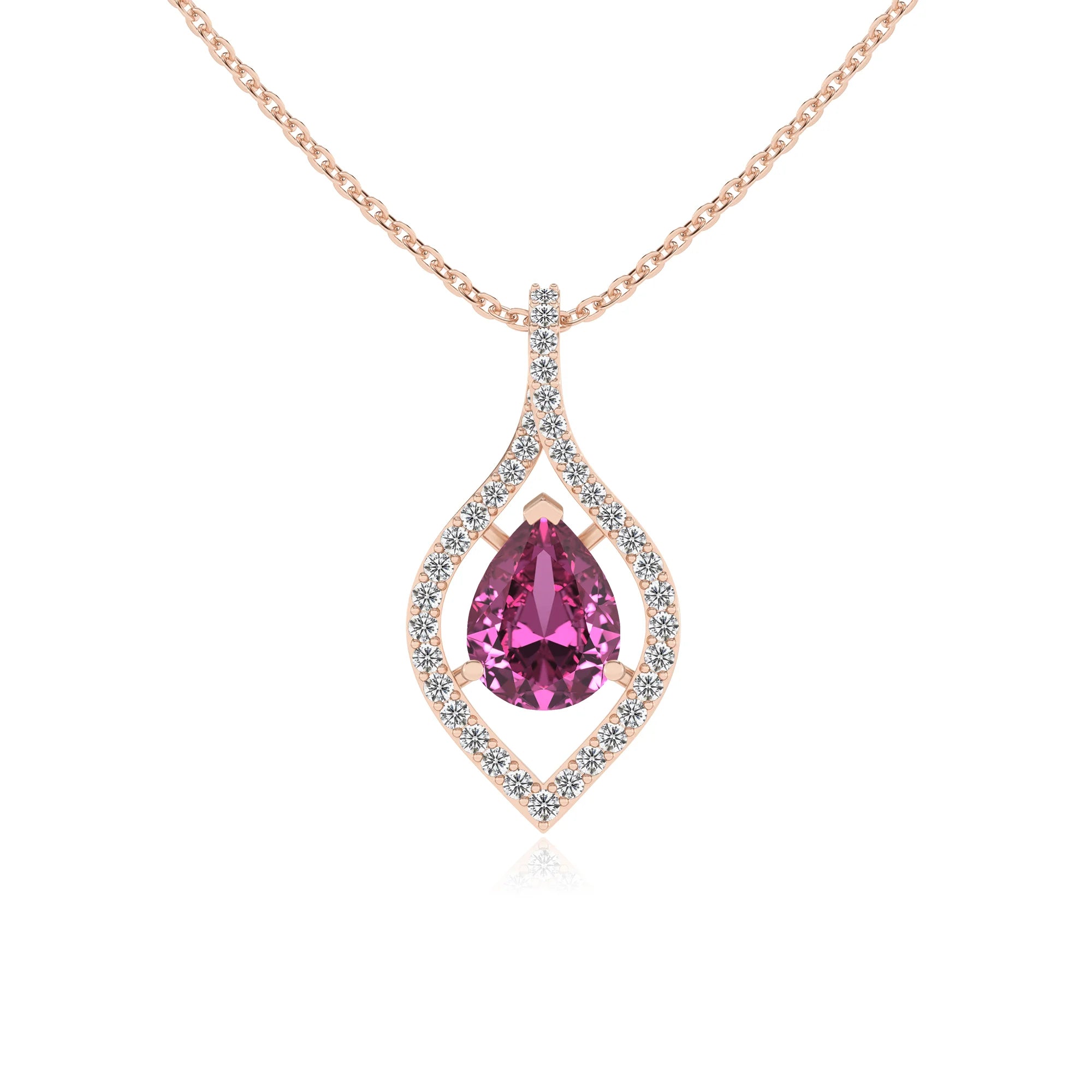 lab grown pink-sapphire pear infinity necklaces in rose gold 