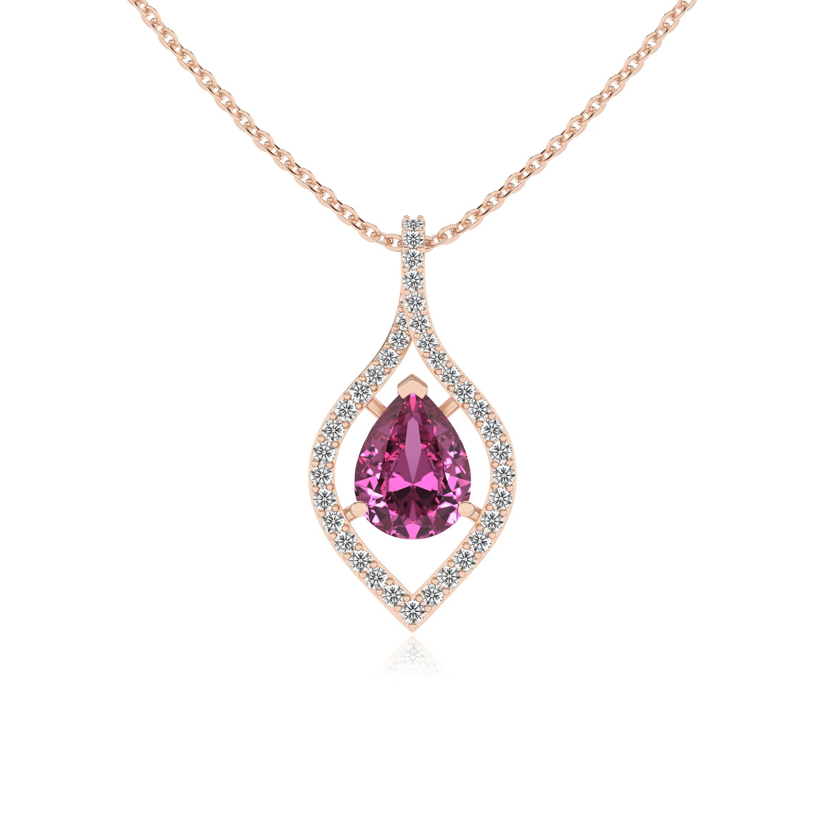 lab grown pink-sapphire pear infinity necklaces in rose gold 