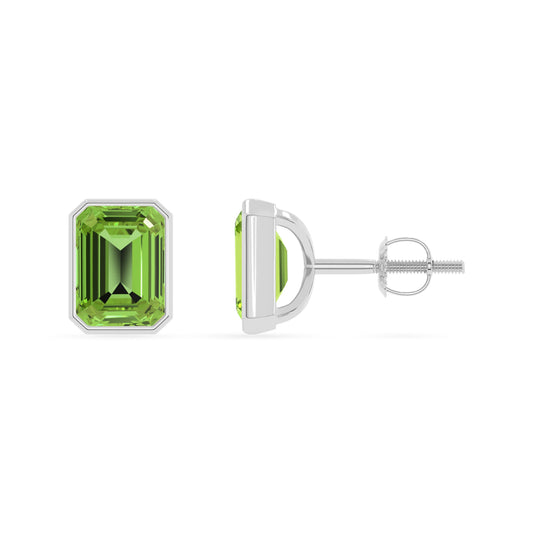 Natural Peridot Emerald-Cut Solitaire Stud Earrings