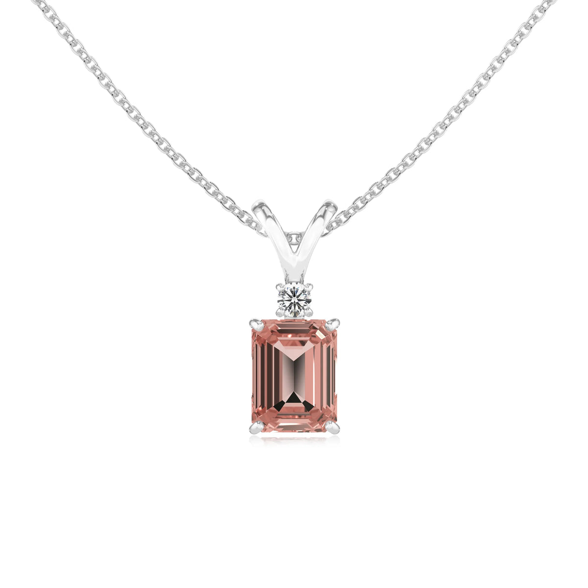 lab grown morganite emerald cut solitaire v-bale necklaces in white gold 