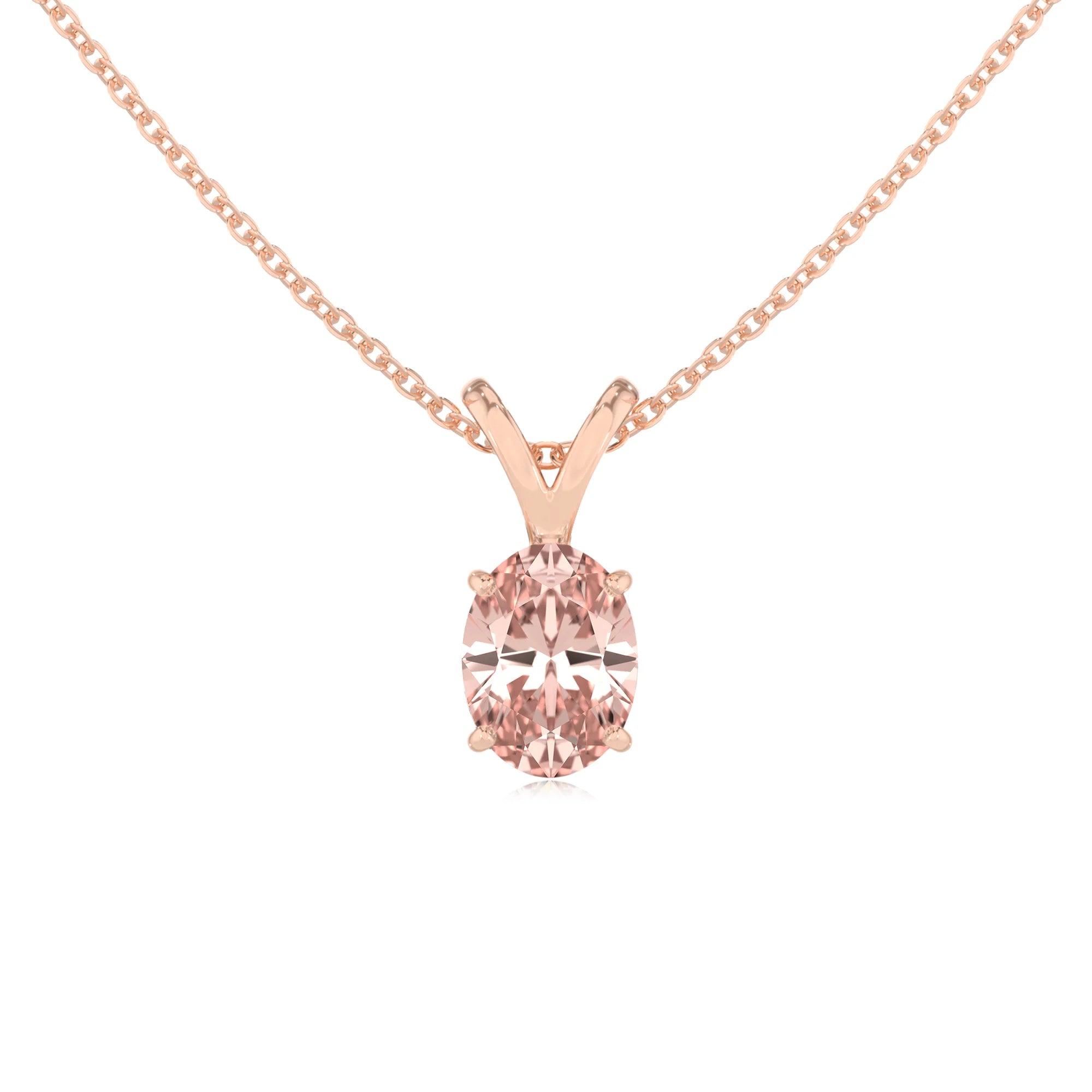 lab grown morganite oval solitaire v-bale necklaces in rose gold 