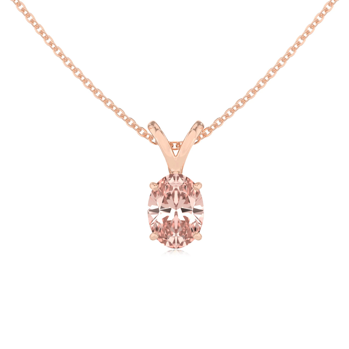 lab grown morganite oval solitaire v-bale necklaces in rose gold 