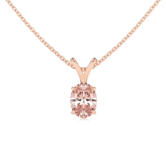 lab grown morganite oval solitaire v-bale necklaces in rose gold 