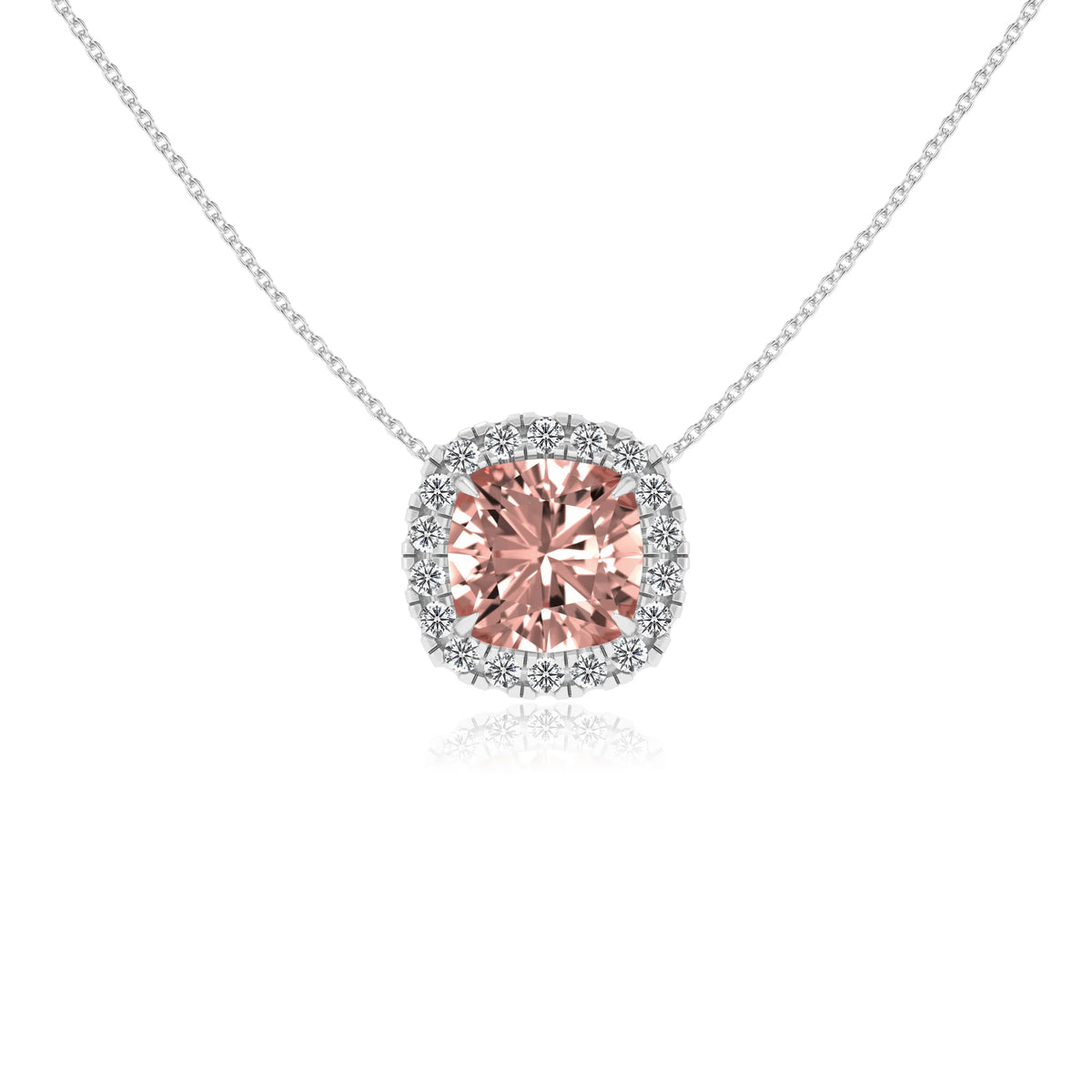 lab grown morganite cushion solitaire necklaces in white gold 