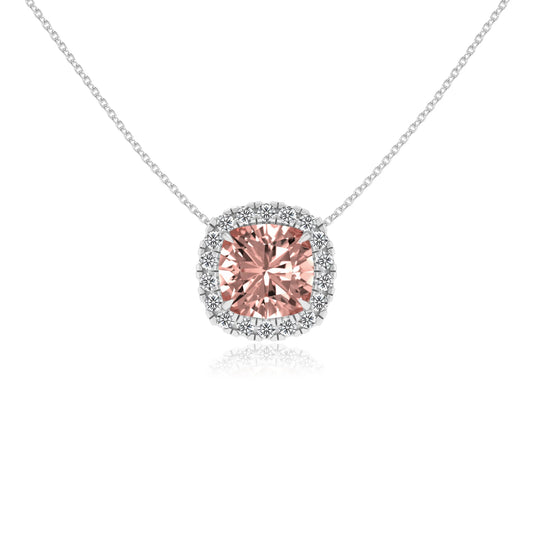 lab grown morganite cushion solitaire necklaces in white gold 