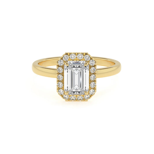 lab grown moissanite emerald cut solitaire rings in yellow gold 