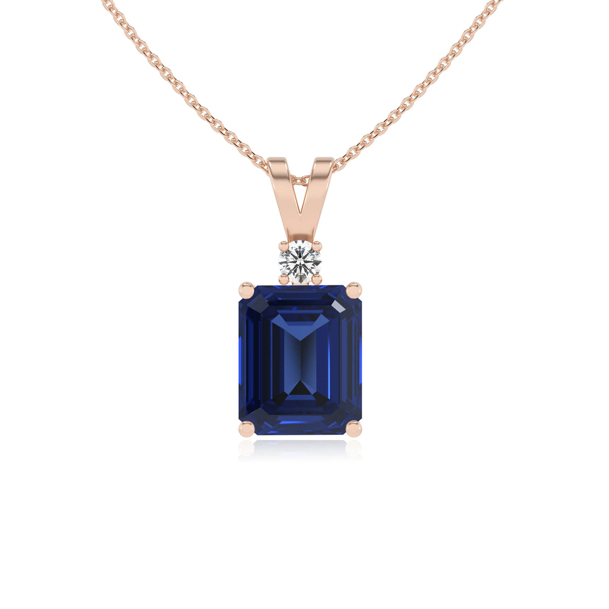 lab grown blue-sapphire emerald cut solitaire v-bale necklaces in rose gold 