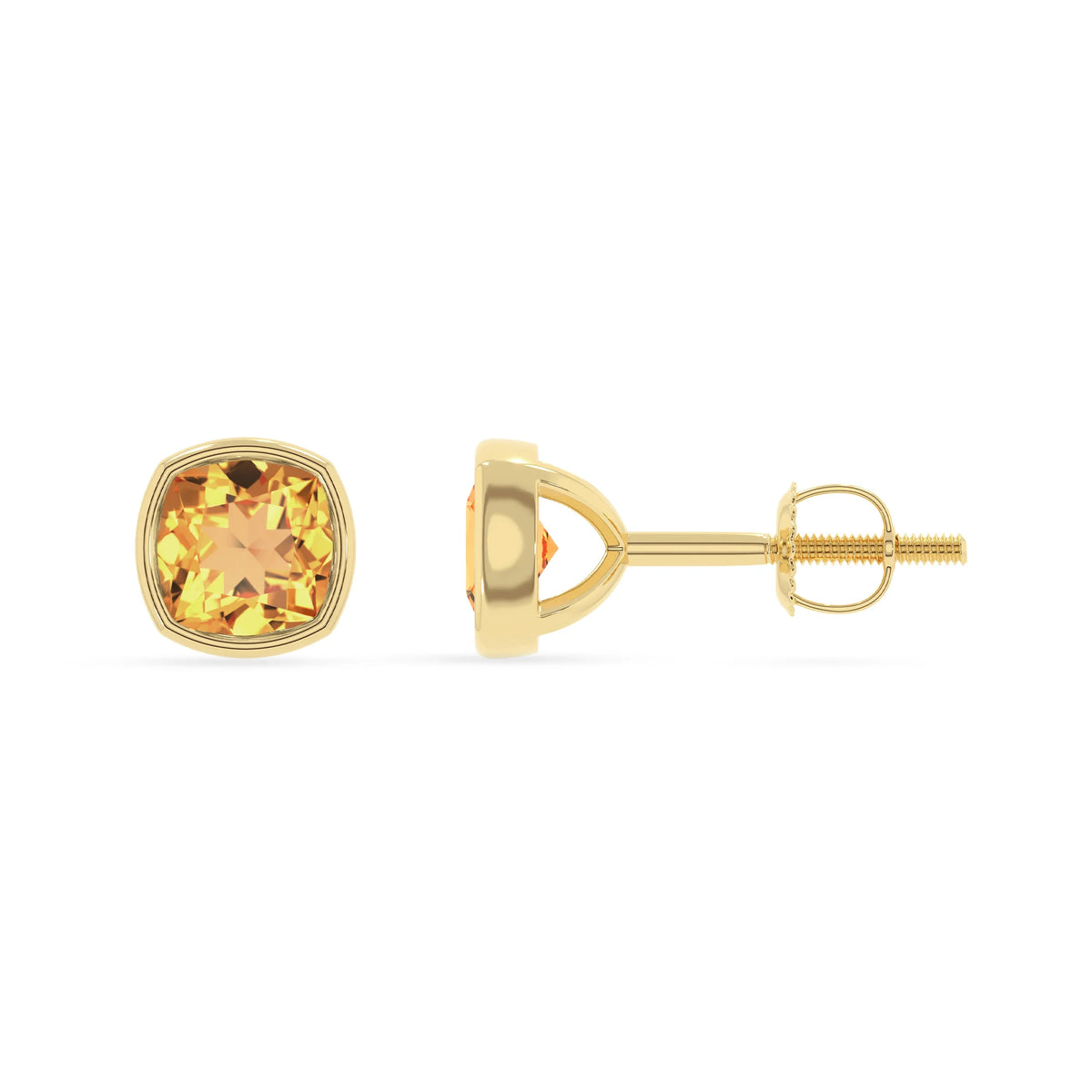 lab grown citrine cushion stud earrings in yellow gold 