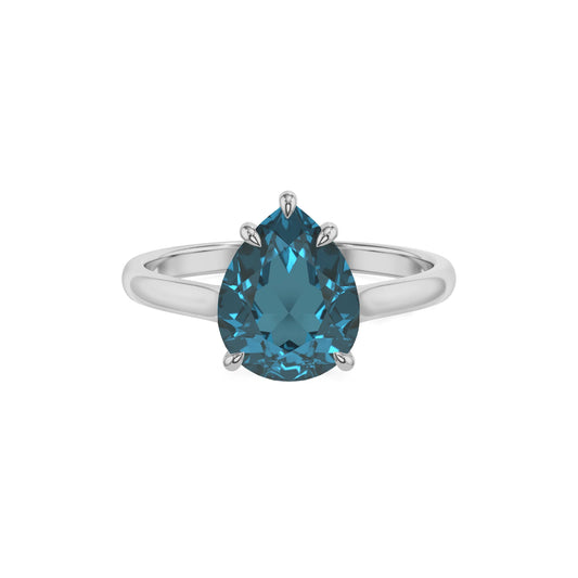 natural london-blue-topaz pear solitaire rings in platinum 