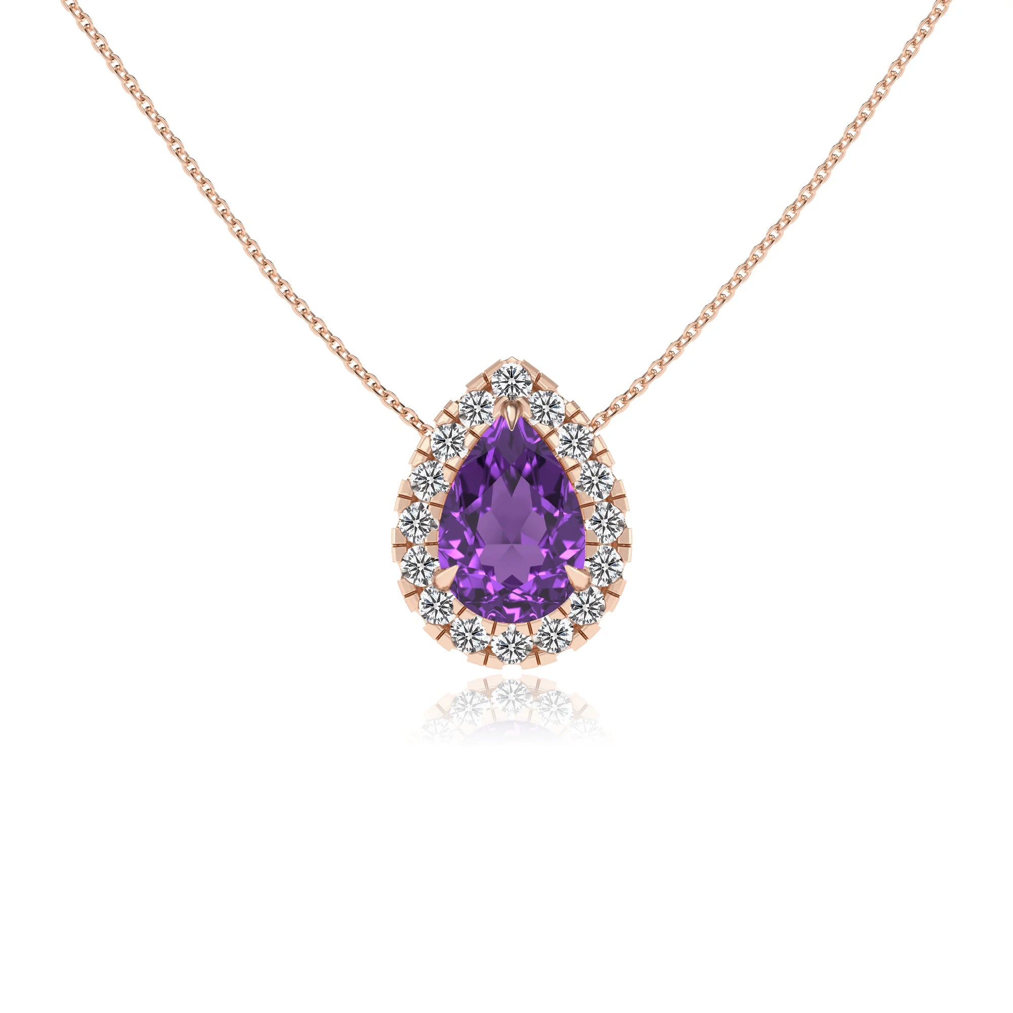 lab grown amethyst pear solitaire necklaces in rose gold 