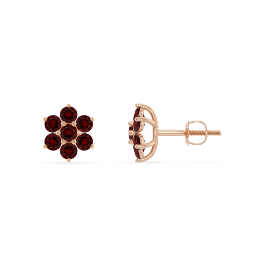 natural garnet round stud earrings in rose gold 