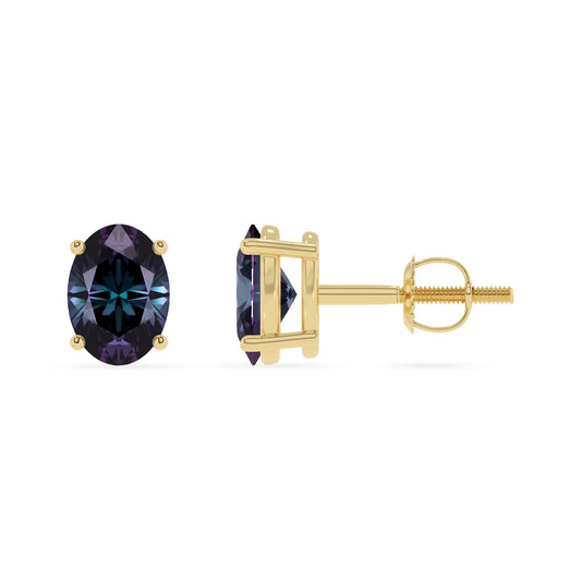 lab grown alexandrite oval stud earrings in yellow gold 