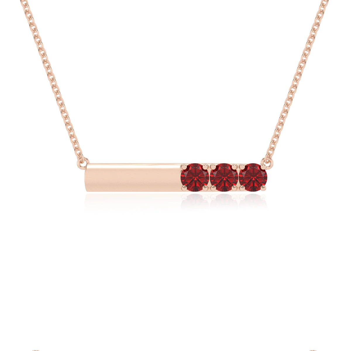 lab grown ruby round bar v-bale necklaces in rose gold 