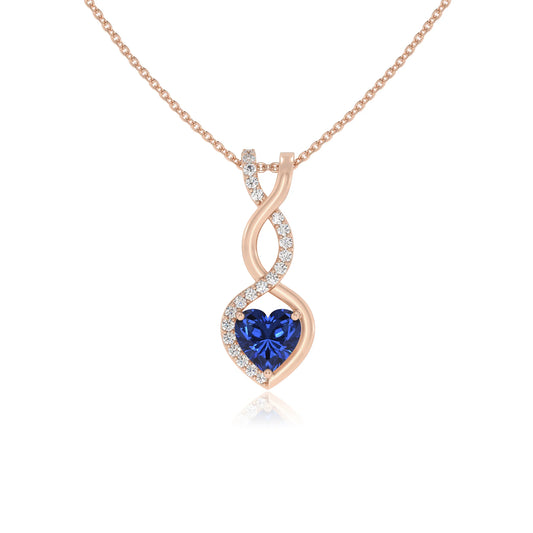 lab grown blue-sapphire heart infinity necklaces in rose gold 