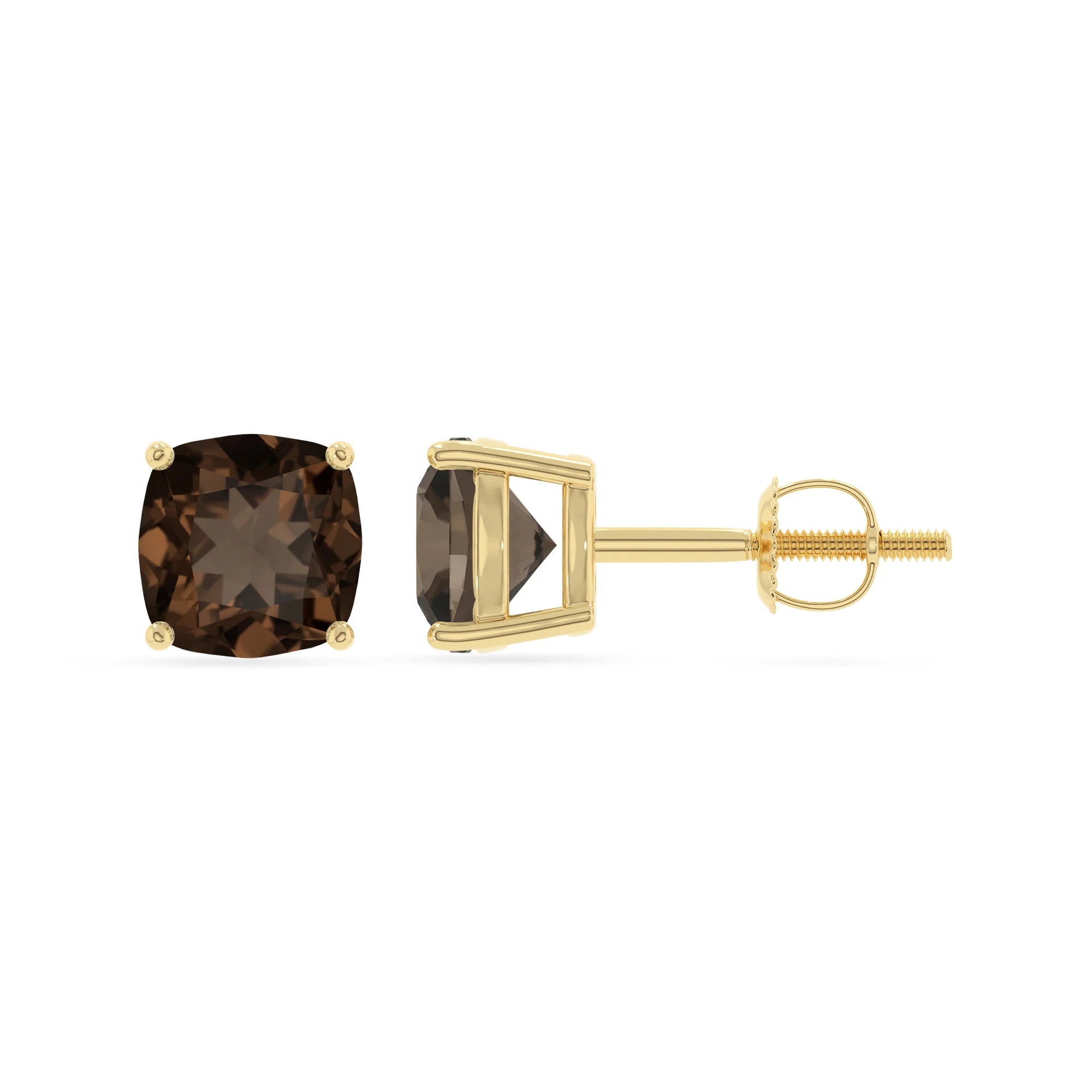 natural smoky quartz cushion stud earrings in yellow gold 