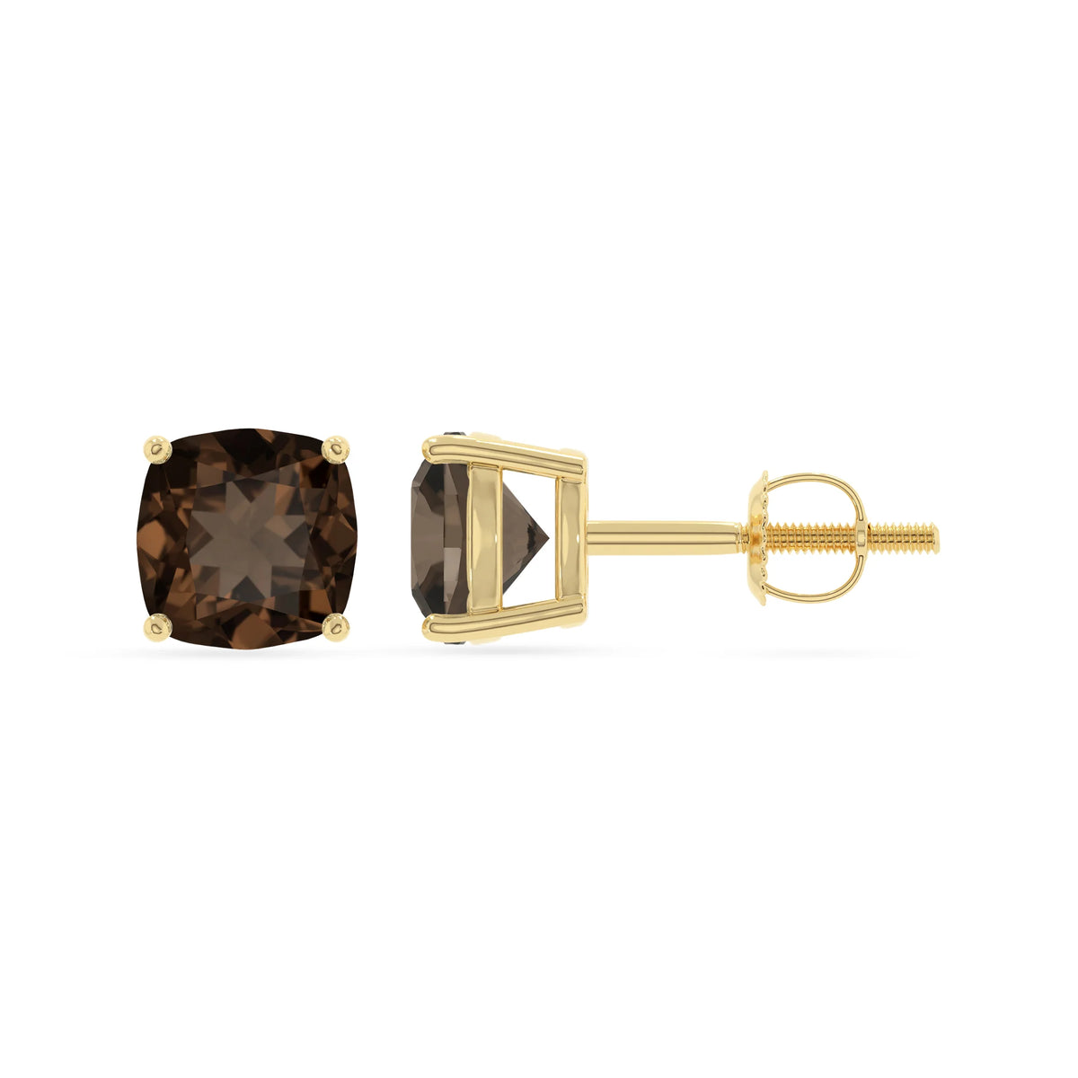 natural smoky quartz cushion stud earrings in yellow gold 