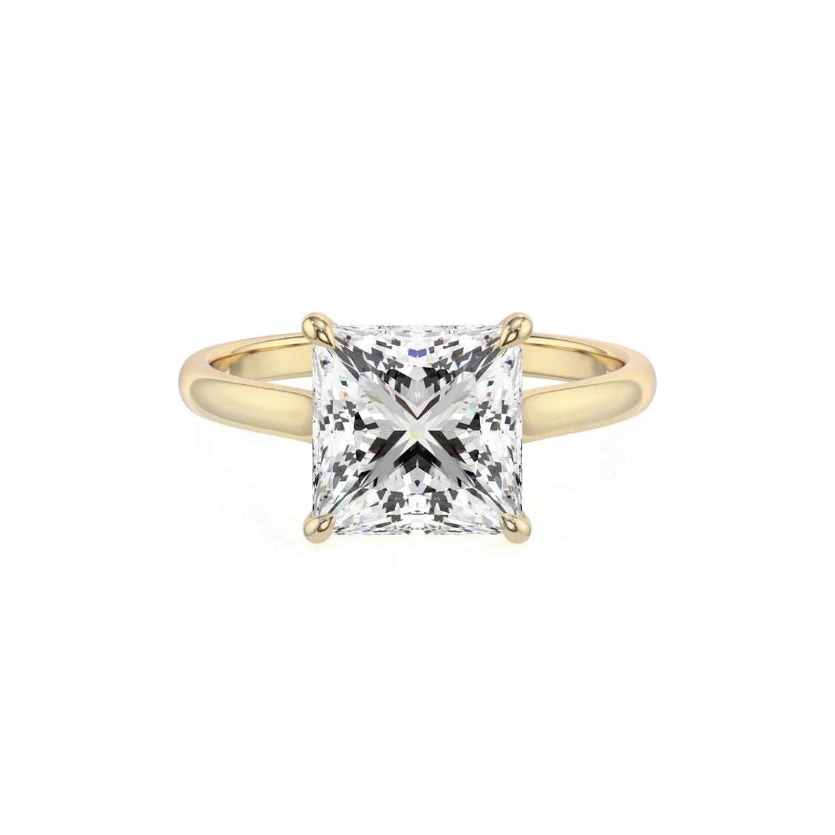 lab grown moissanite princess solitaire rings in yellow gold 