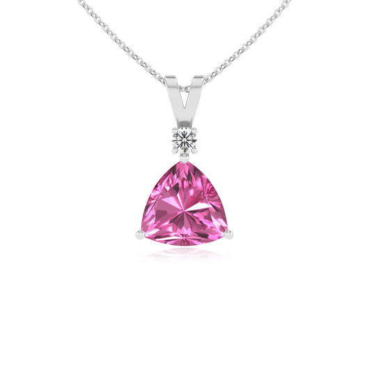 lab grown pink-sapphire trillion solitaire v-bale necklaces in platinum 