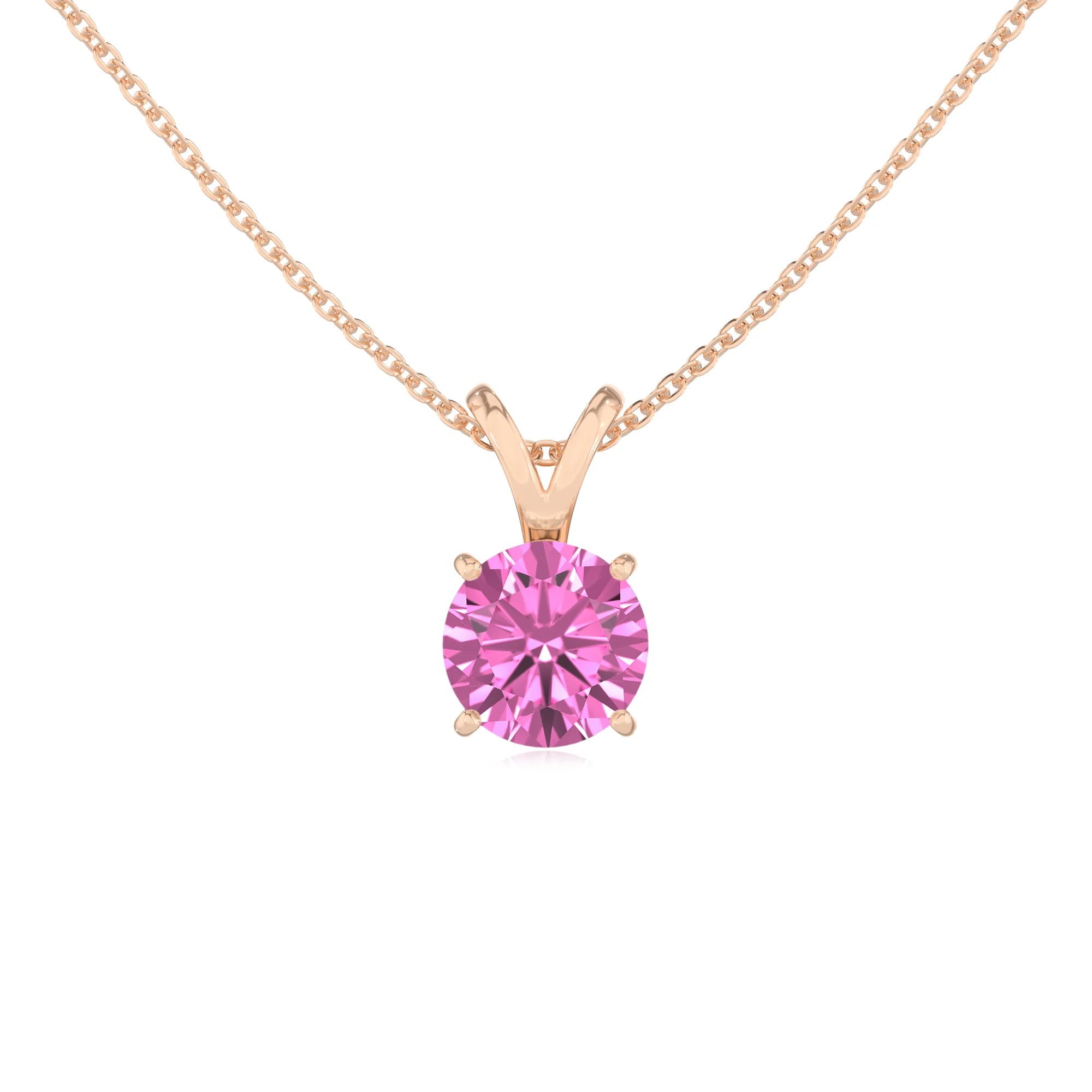 lab grown pink-sapphire round solitaire v-bale necklaces in rose gold 