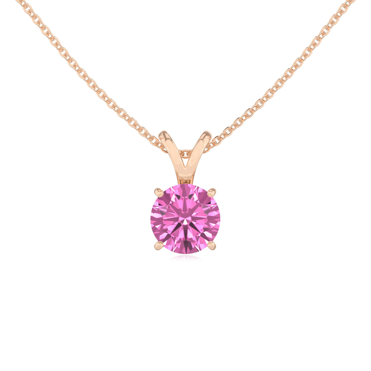 lab grown pink-sapphire round solitaire v-bale necklaces in rose gold 