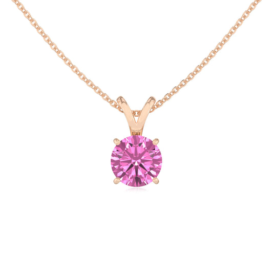lab grown pink-sapphire round solitaire v-bale necklaces in rose gold 