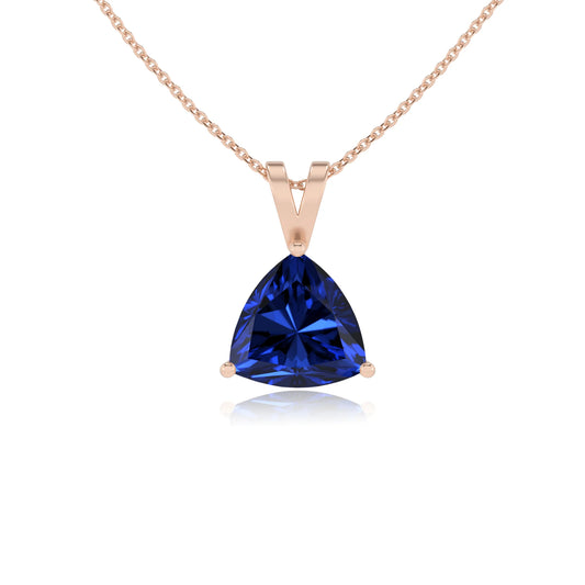 lab grown blue-sapphire trillion solitaire v-bale necklaces in rose gold 