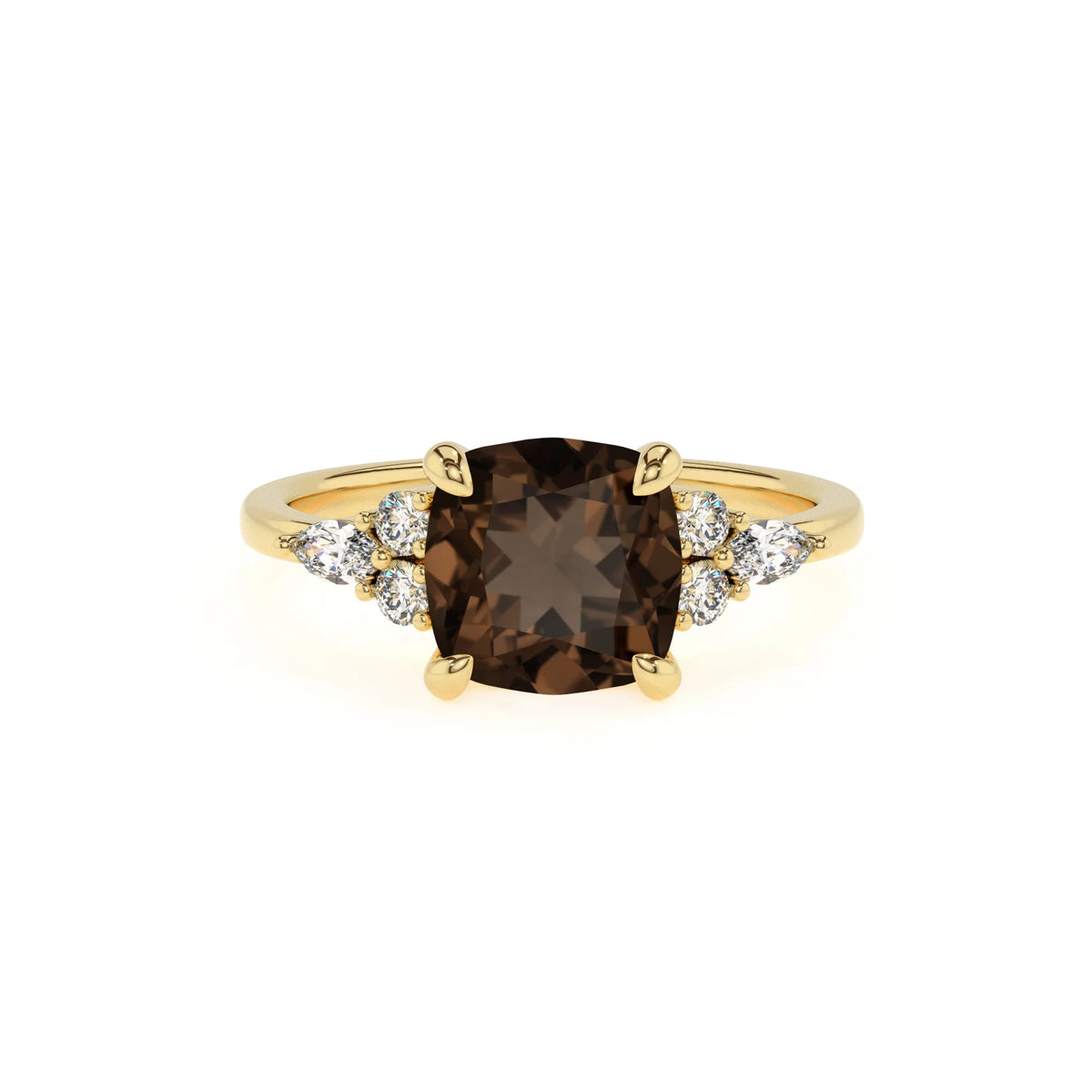 natural smoky-quartz cushion solitaire rings in yellow gold 