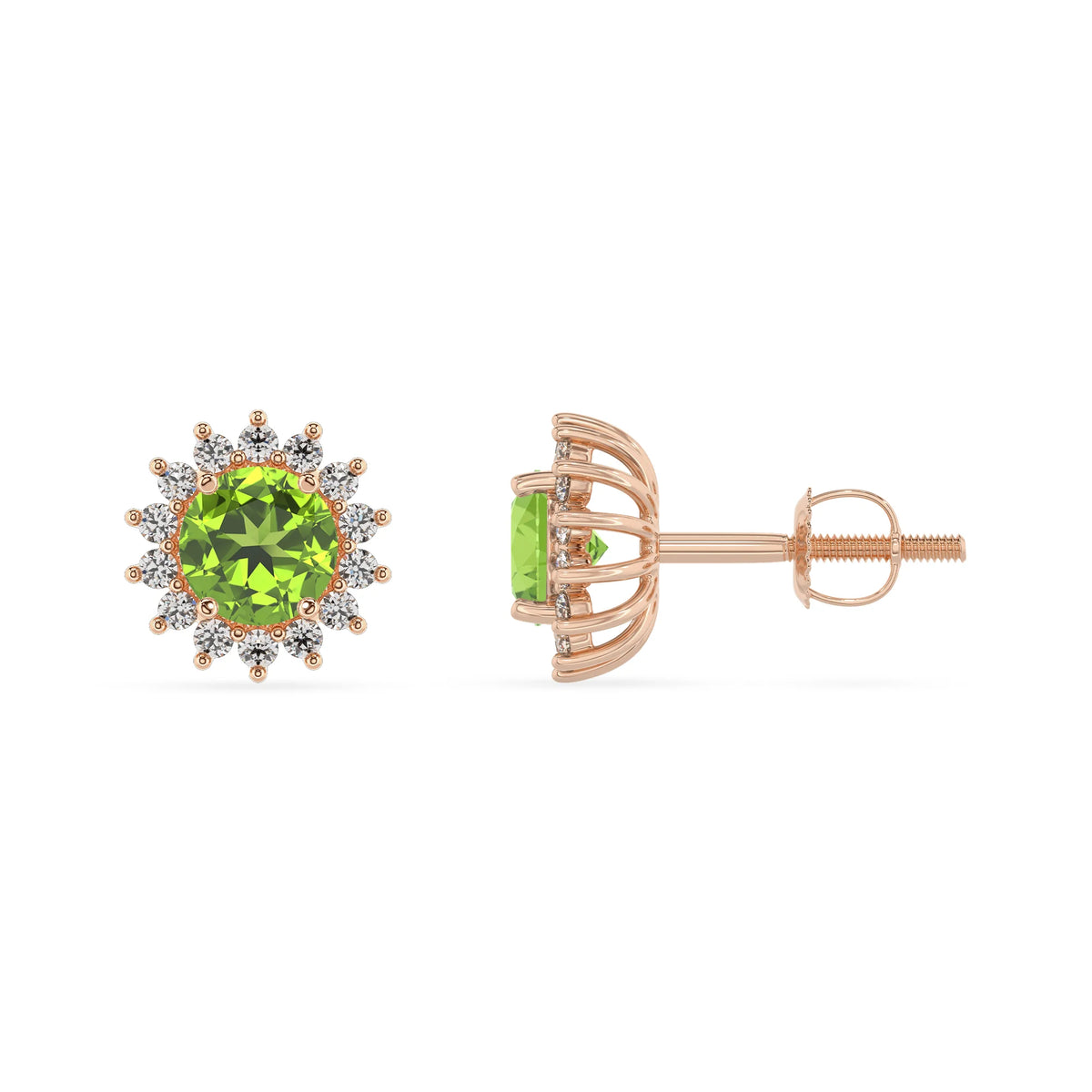 natural peridot round stud earrings in rose gold 