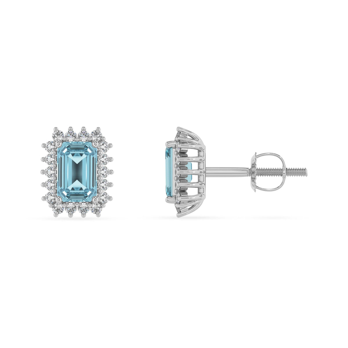 lab grown aquamarine emerald cut stud earrings in sterling silver 