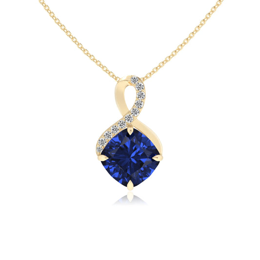 lab grown blue-sapphire cushion infinity necklaces in yellow gold 