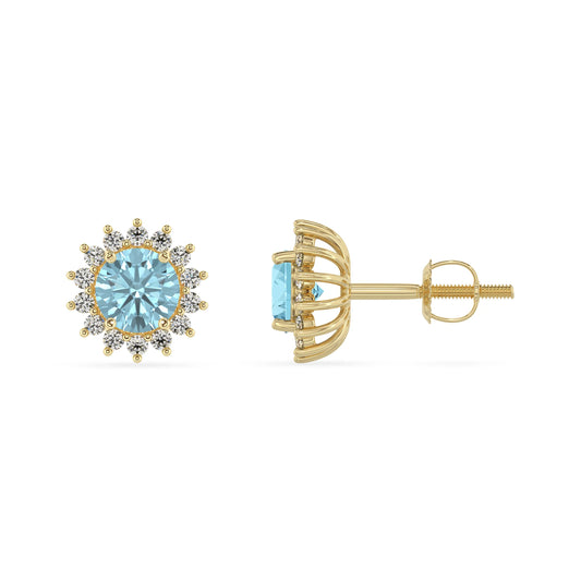 lab grown aquamarine round stud earrings in yellow gold 
