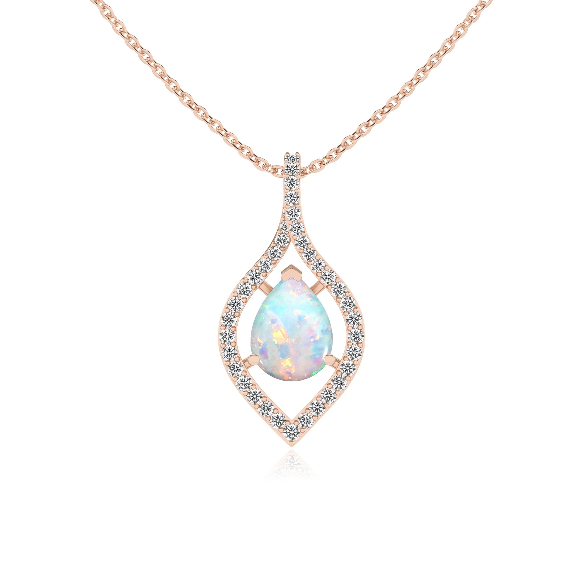 lab grown opal pear infinity necklaces in rose gold 