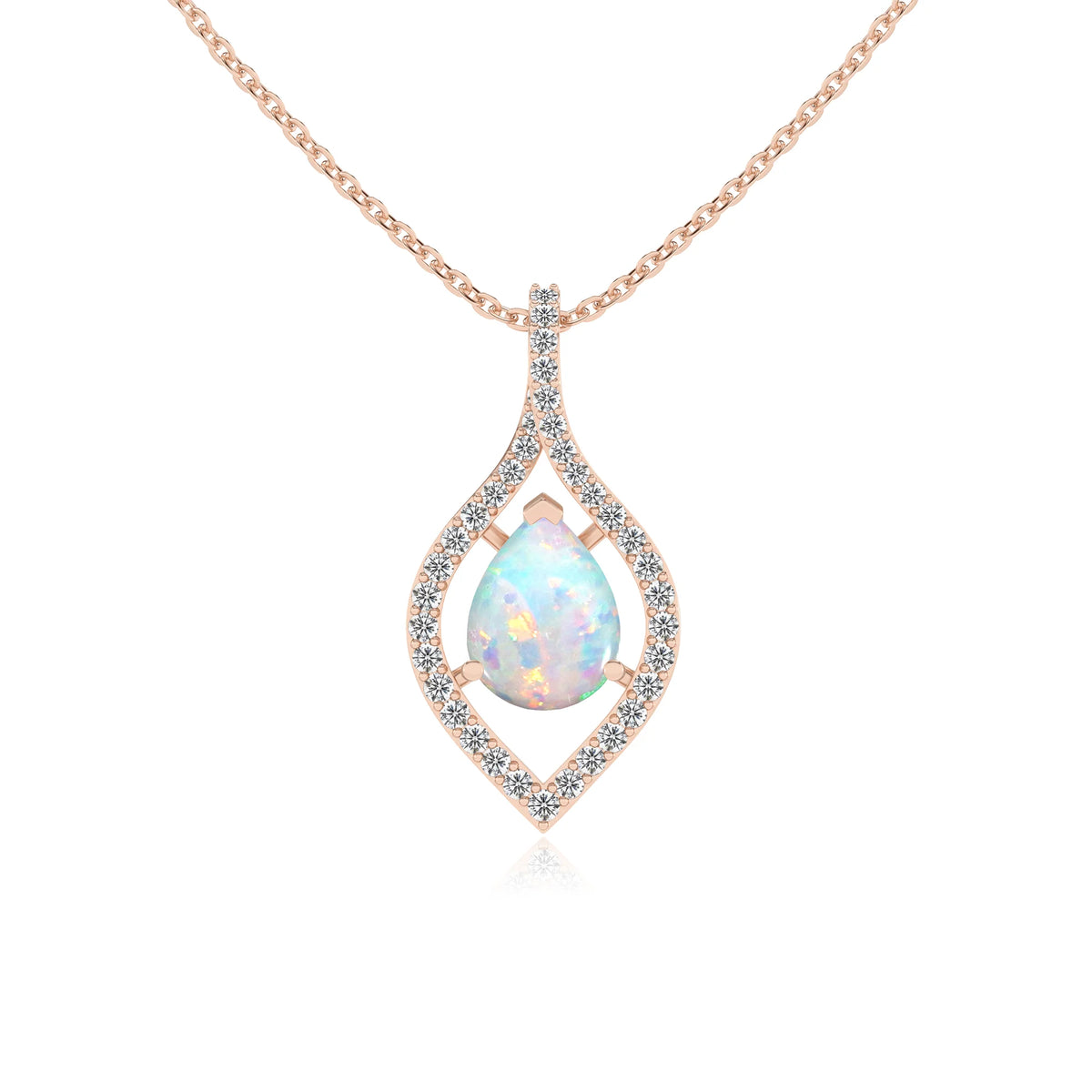 lab grown opal pear infinity necklaces in rose gold 