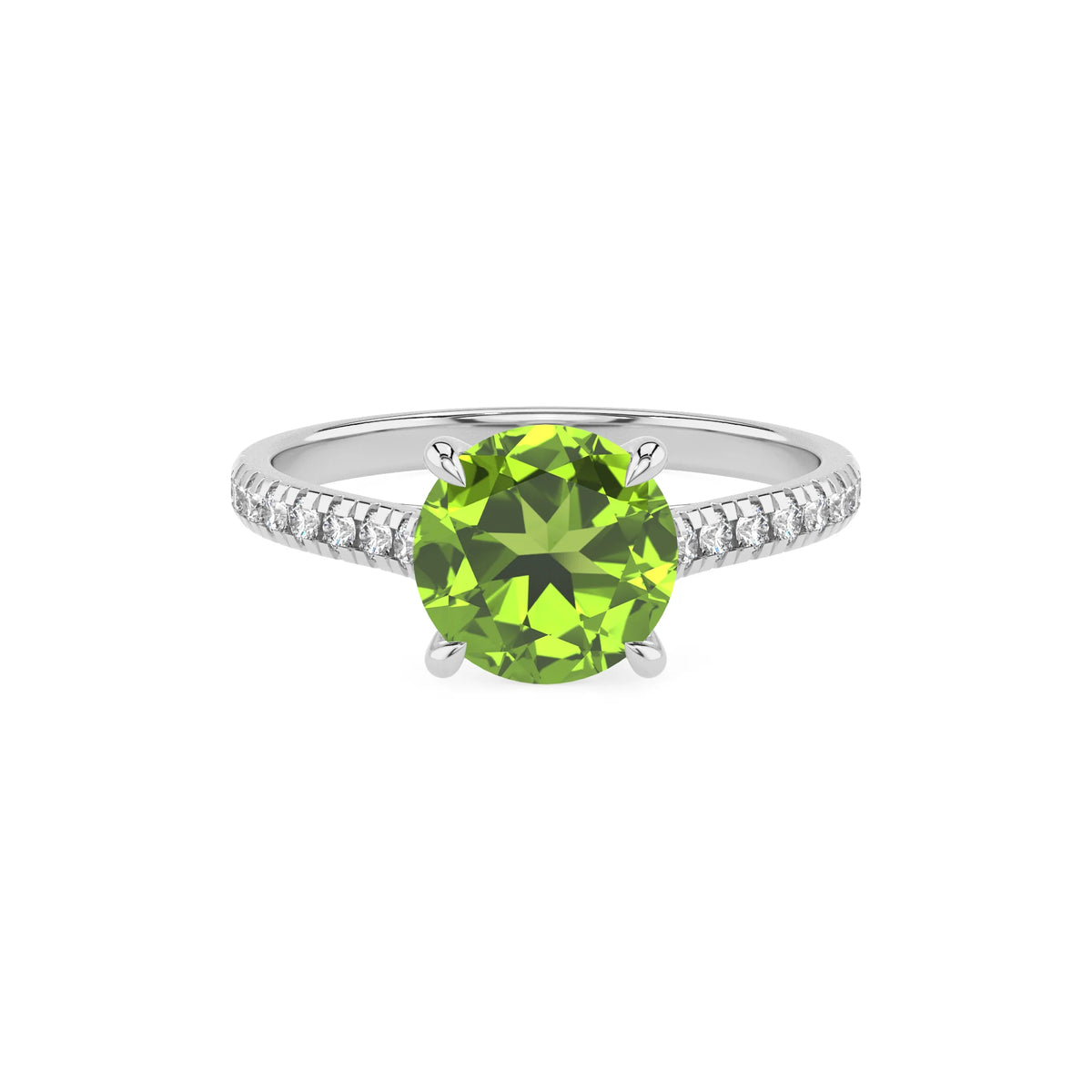 natural peridot round half eternity solitaire engagement rings in platinum 