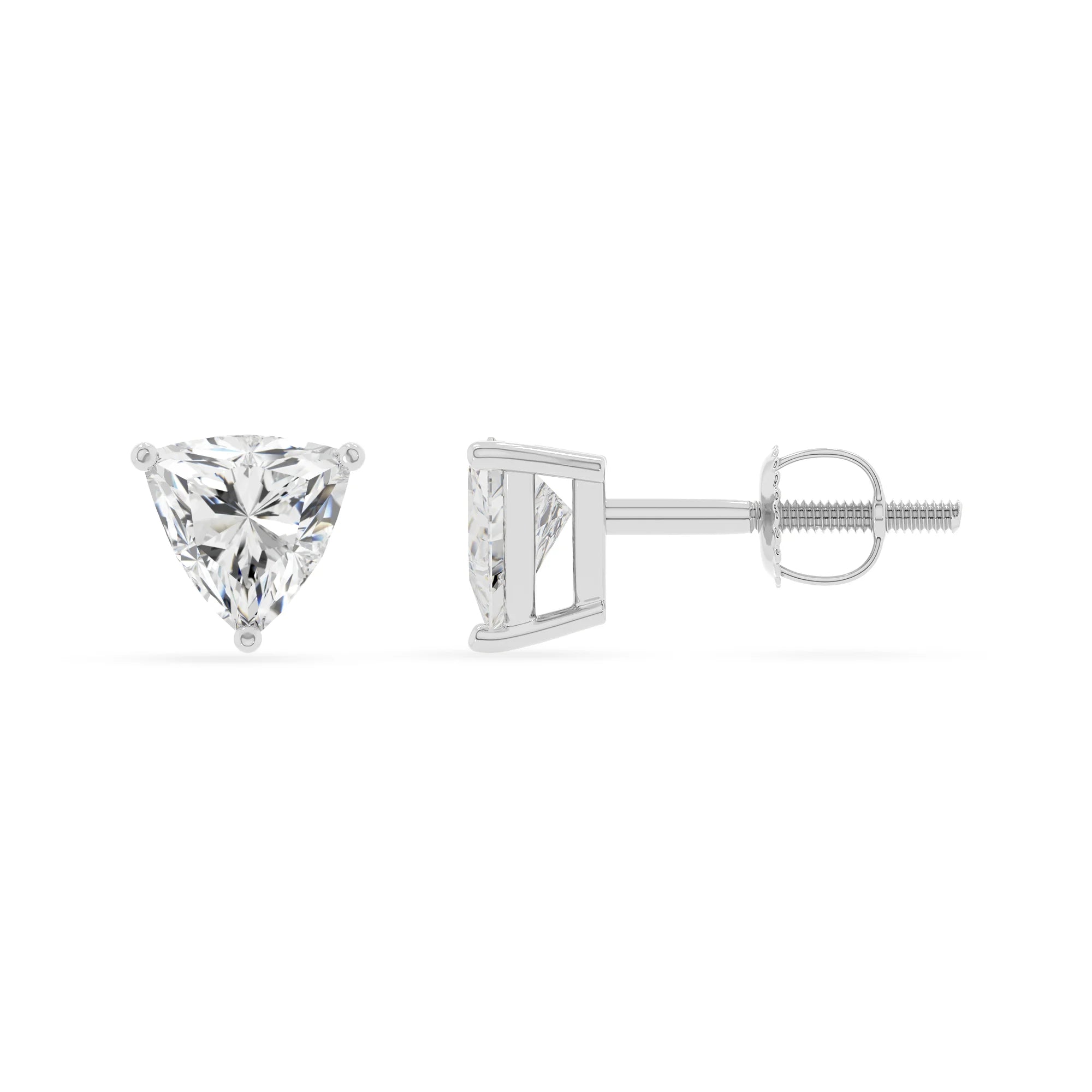 lab grown moissanite trillion stud earrings in white gold 