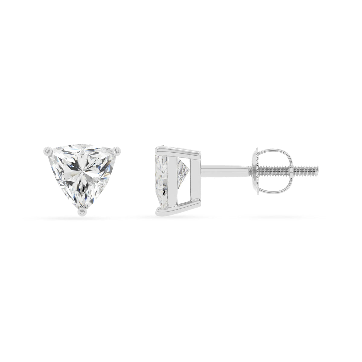 lab grown moissanite trillion stud earrings in white gold 