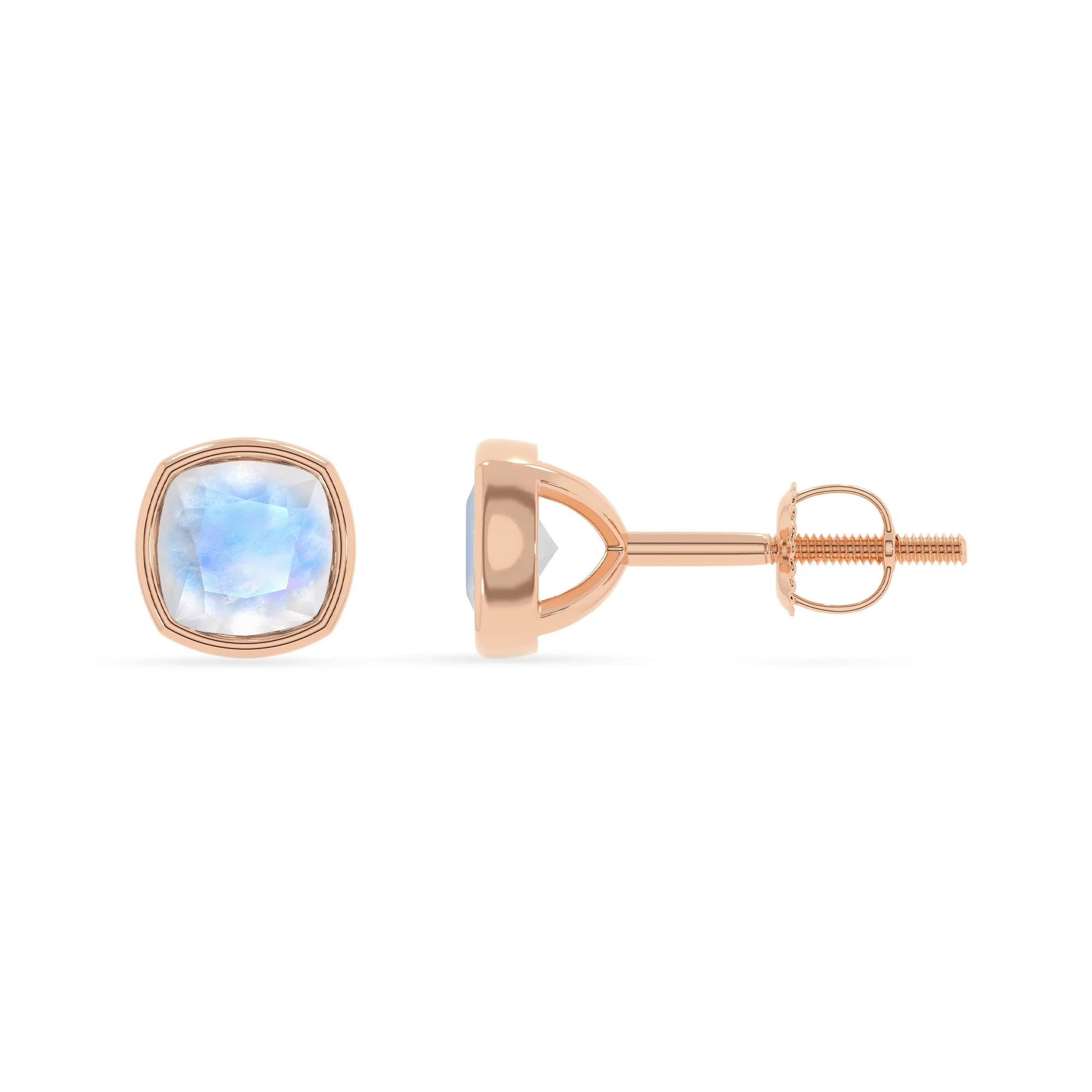 natural rainbow moonstone cushion stud earrings in rose gold 