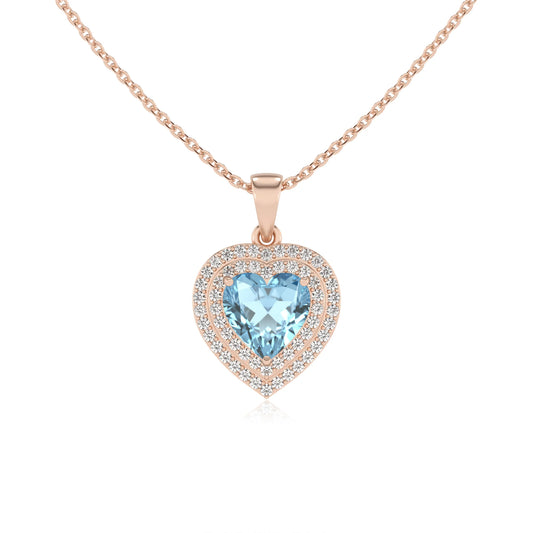 lab grown aquamarine heart halo necklaces in rose gold 