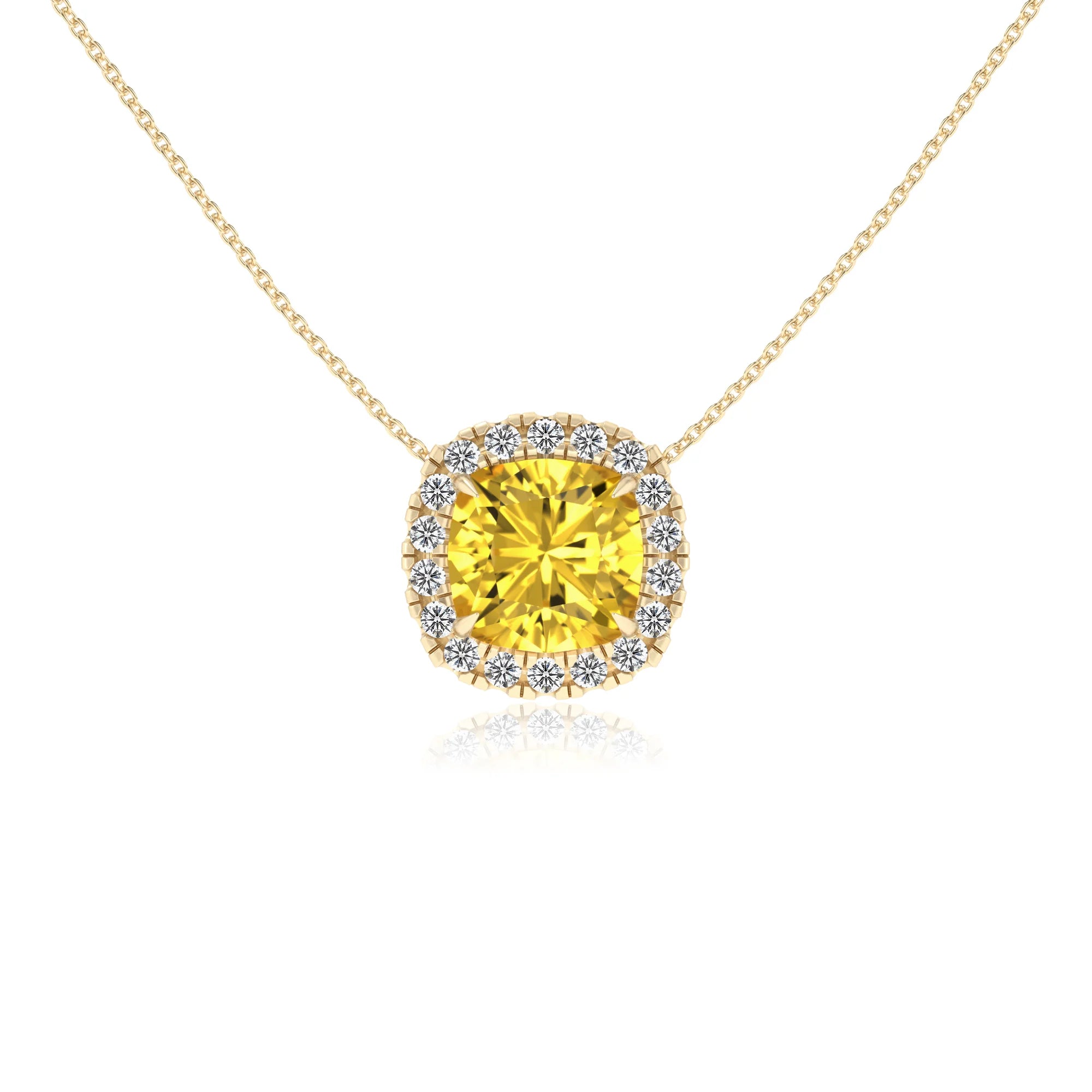 lab grown yellow sapphire cushion solitaire necklaces in yellow gold 