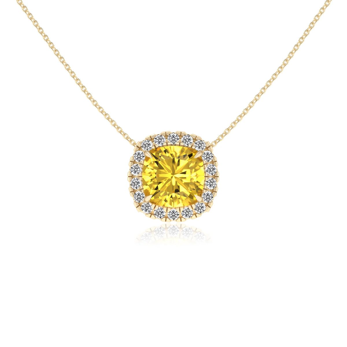 lab grown yellow sapphire cushion solitaire necklaces in yellow gold 