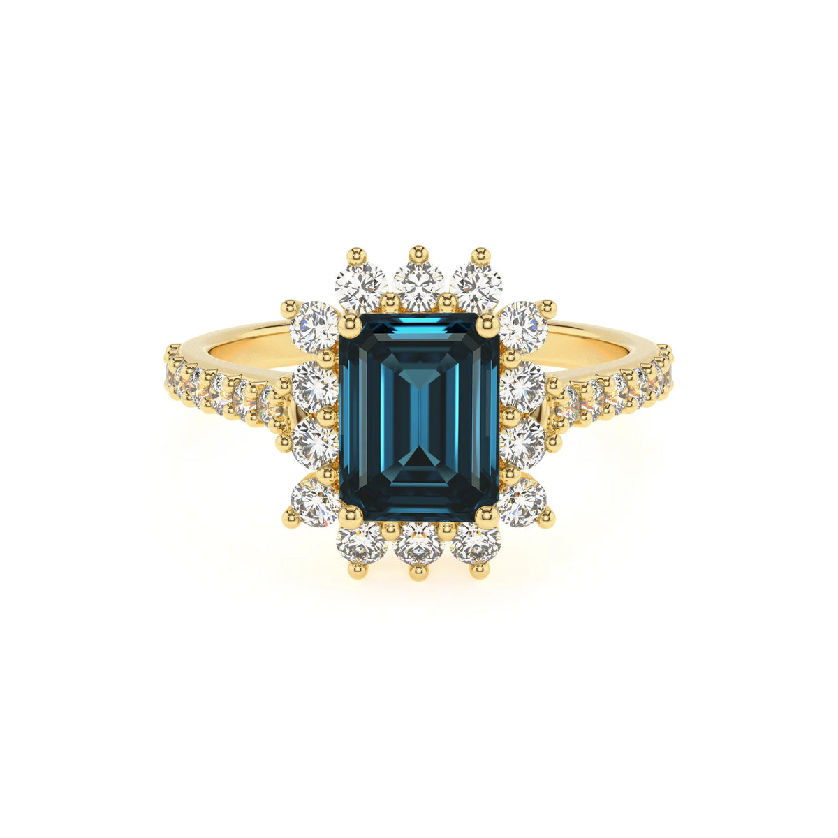 natural london-blue-topaz emerald cut solitaire rings in yellow gold 