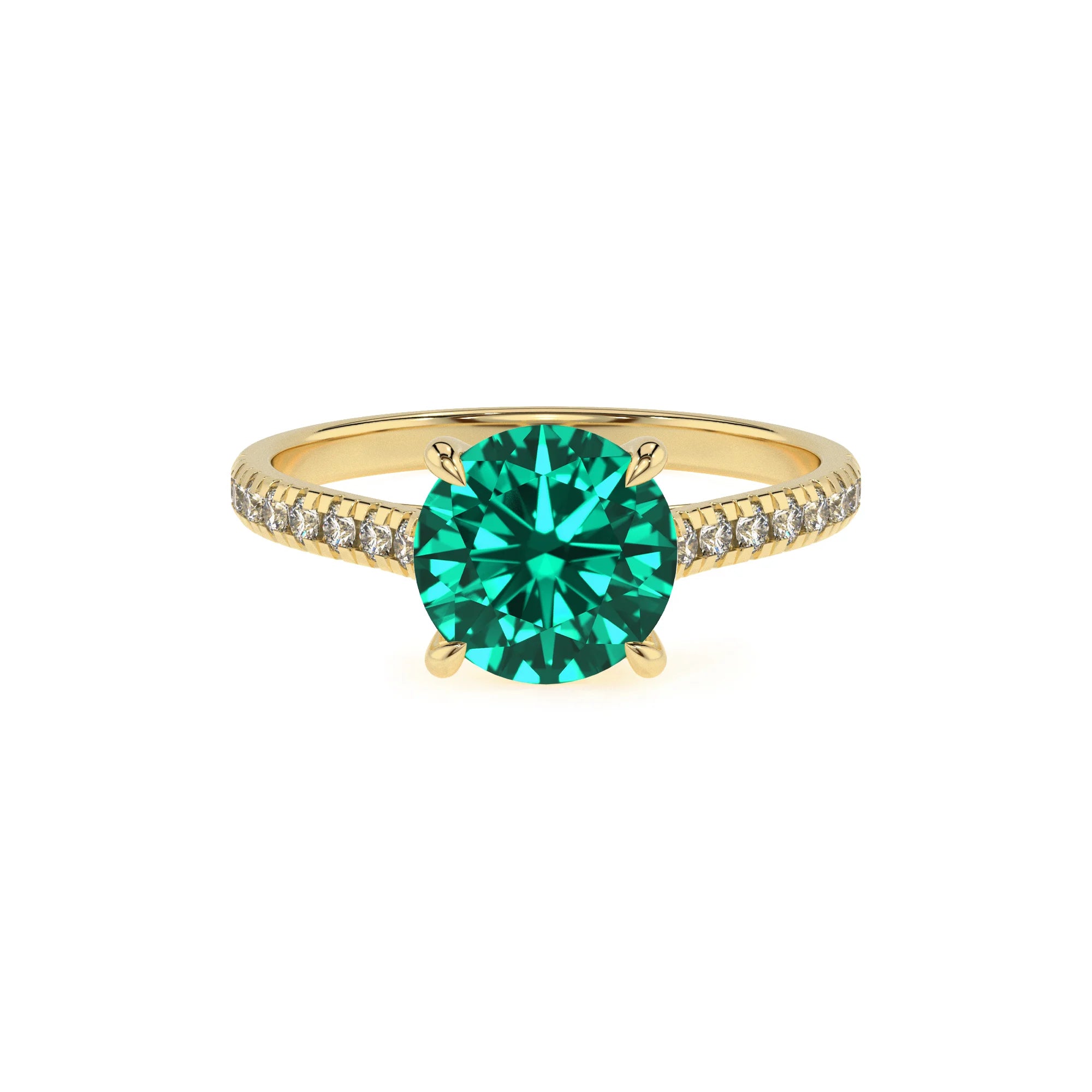 lab grown emerald round half eternity solitaire engagement rings in yellow gold 