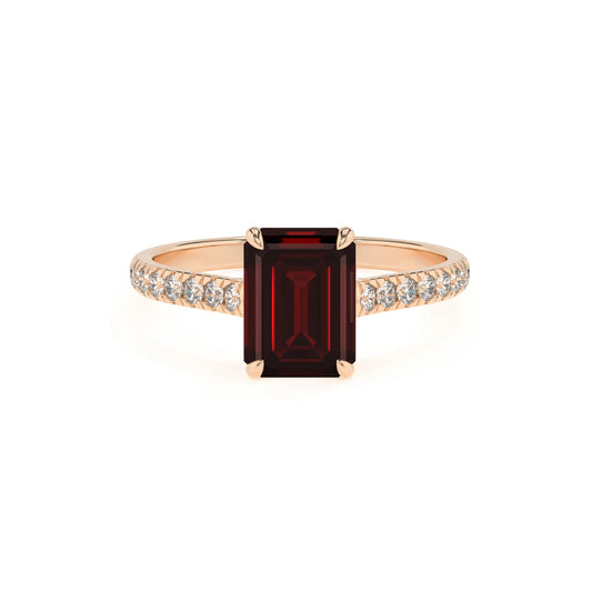 natural garnet emerald cut half eternity solitaire engagement rings in rose gold 