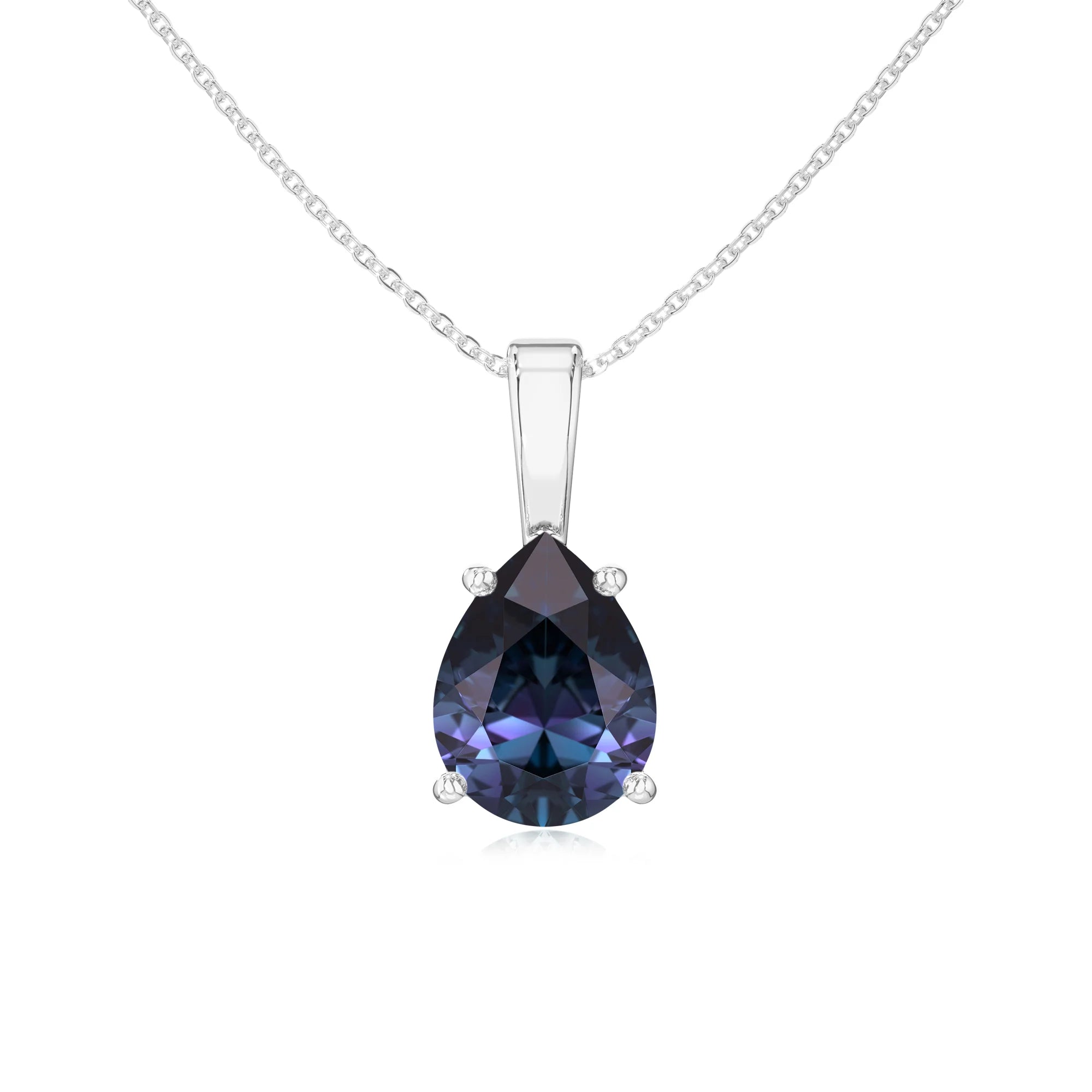lab grown alexandrite pear solitaire necklaces in white gold 