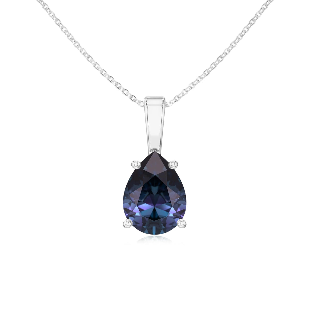 lab grown alexandrite pear solitaire necklaces in white gold 